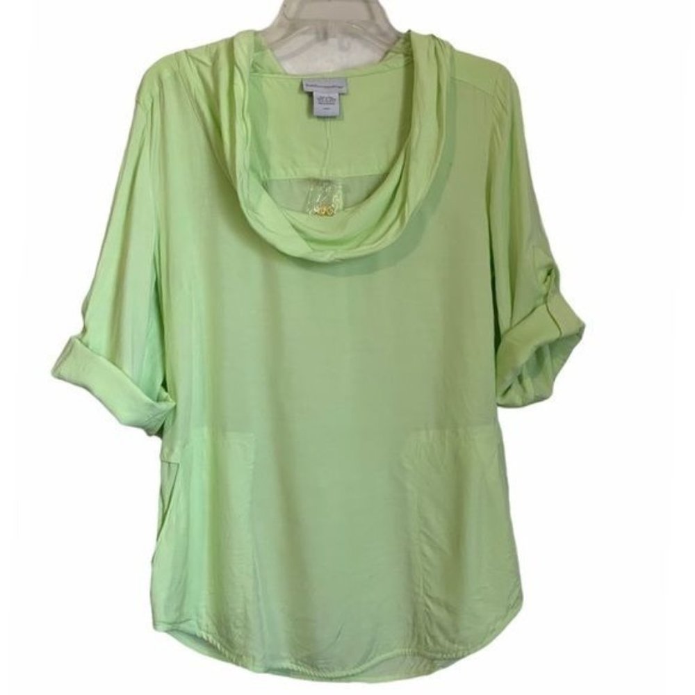 Soft Surroundings Tunic Top Popover Petite XS Bright Green Cowl Neck Roll Tab Sl